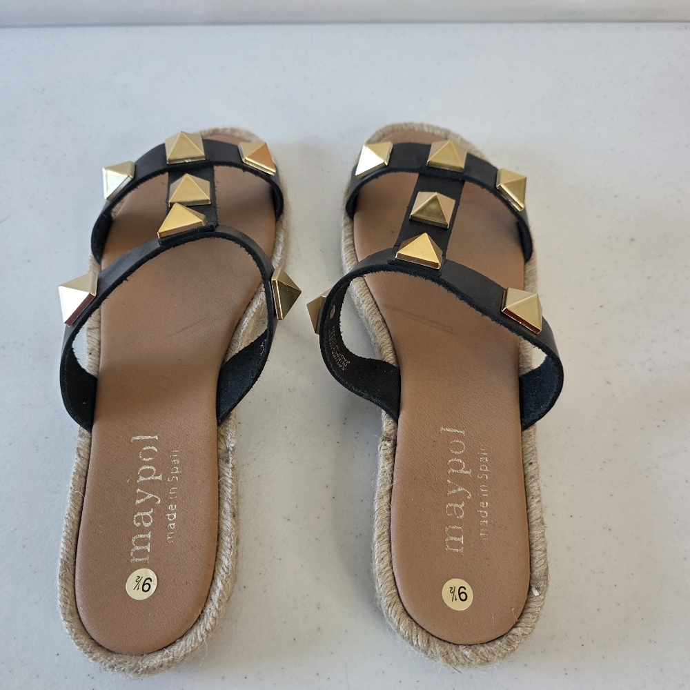 Maypol Raffia Trim Studded Leather Sandal Size 9.5 EU 41 Open Toe Slip-on Summer - Picture 13 of 13
